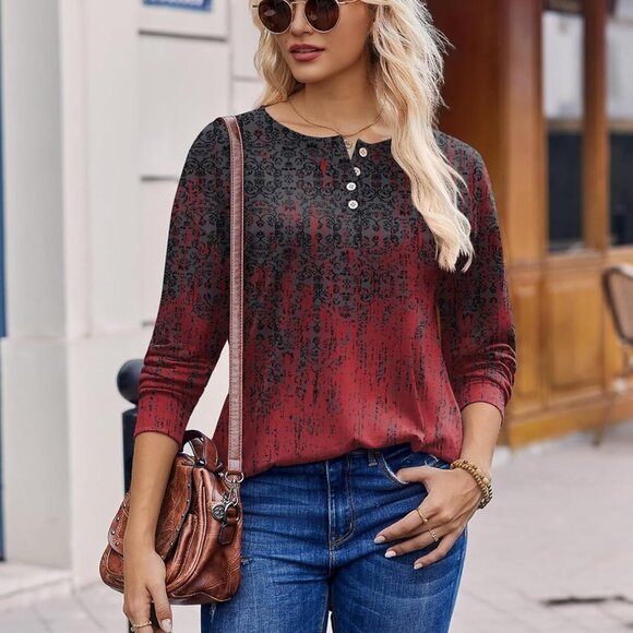 Long Sleeve Henley Women's Shirt, Red Boho, Large - Picture 2 of 6